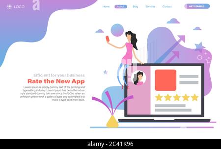 Vector web header template of woman give a five star rating from mobile Stock Vector