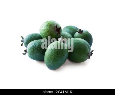 Green feijoa fruits isolated on white background. Fruits of feijoa on a white background. Tropical fruit feijoa isolated on white background Stock Photo