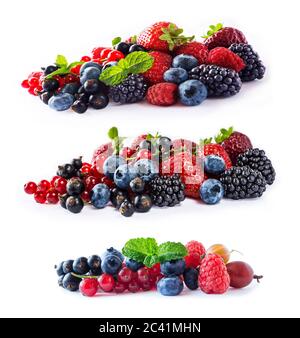 Set of fresh fruits and berries isolated a white background. Ripe blueberries, blackberries, currants, raspberries and strawberries. Berries and fruit Stock Photo