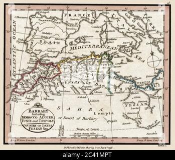 'Barbary including Morocco Algier, Tunis and Tripoly.' This is a beautifully detailed historic atlas map reproduction published circa 1804. Stock Photo