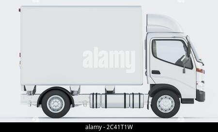 Side View of a White Cargo Truck on White Background 3D Rendering Stock Photo