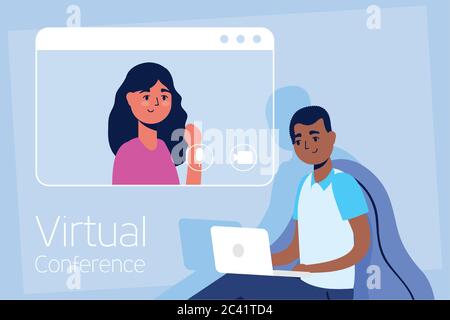 afro man using laptop in virtual conference communication vector illustration design Stock Vector