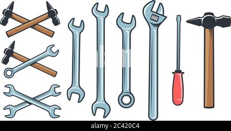 Mechanical tools hardware - spanner wrench screwdriver. Stock Vector
