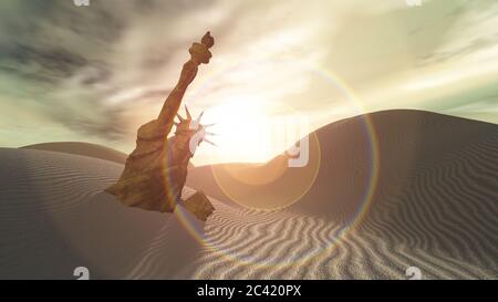 Post Apocalyptic scene. Liberty statue is covered with sand