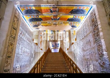 Ancient burial chambers for Pharaohs with hieroglyphics at the valley of the kings, Luxor, Egypt. Stock Photo