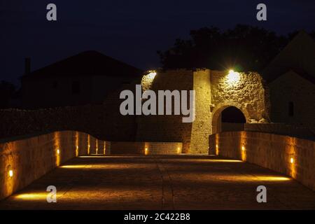 Night view up close to the front door of the historic town of Nin Stock Photo