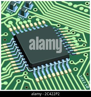 Stylized vector illustration of electronic circuit chip on the board close-up Stock Vector