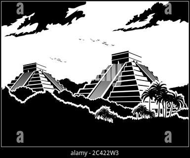 Stylized vector illustration of ancient Mayan pyramids in the jungle Stock Vector