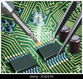 Stylized vector illustration on the theme of circuit design, repair and upgrade of electronic components, soldering chips on the board. Stock Vector