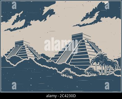 Stylized vector illustration of ancient Mayan pyramids in the jungle in retro poster style Stock Vector