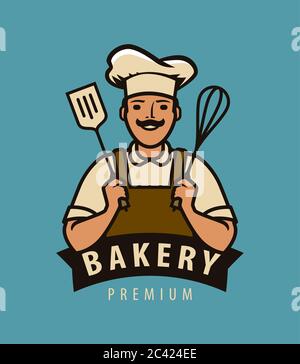 Bakery logo or label. Happy chef in hat vector illustration Stock Vector