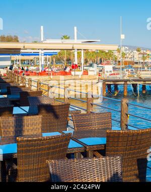 Sea restaurant in Paphos marina at sunset. Cyprus Stock Photo