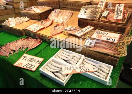 Tokyo, Japan - April 28, 2018: Stall in Tsukiji fish market. Stock Photo