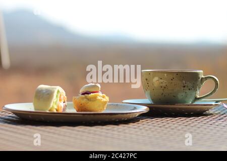 A cup of tea and a plate of afternoon snacks during a safari in South Africa with a view into the African landscape Stock Photo