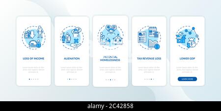 Consequences of unemployment onboarding mobile app page screen with concepts Stock Vector