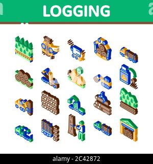 Wood Logging Industry Isometric Icons Set Vector Stock Vector