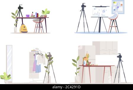 Blogging semi flat RGB color vector illustrations set Stock Vector