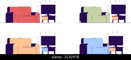 Couch and TV semi flat RGB color vector illustrations set Stock Vector