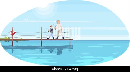 Family walk on bridge semi flat vector illustration Stock Vector