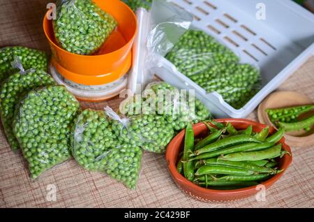Plastic Bag With Frozen Green Peas On Grey Background Stock Photo Alamy