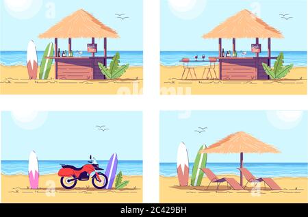 Relaxation on beach semi flat vector illustration set Stock Vector