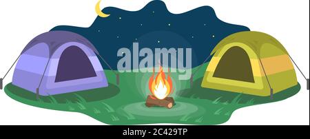 Nighttime camp semi flat vector illustration Stock Vector