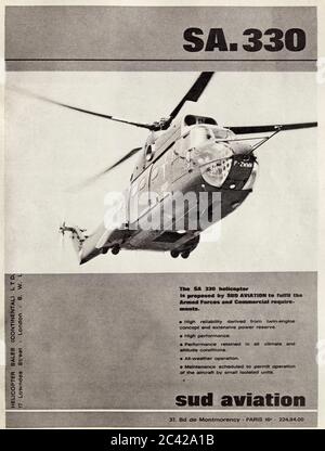 Vintage advertisement for the Sud Aviation SA.330 Puma helicopter. Stock Photo