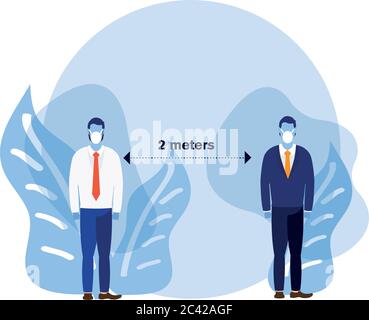 Office distancing between men with masks on table design of Covid 19 ...