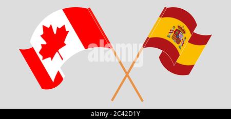 Crossed and waving flags of Canada and Spain. Vector illustration Stock Vector