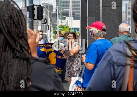 Detroit, Michigan, USA. 23rd June, 2020. Congresswoman Rashida Tlaib speaks at a rally at Detroit's main post office to 'Save America's Postal Service.' The event was part of a nationwide campaign by the American Postal Workers Union. Credit: Jim West/Alamy Live News Stock Photo