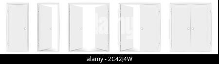 Blank white doors mock up set. Vector illustration. Open and closed, single and double doors. Round doorhandles. Stock Vector