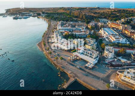 Cyprus, Paphos embankment, aerial view. Famous mediterranean resort city Summer Travel. Stock Photo