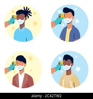 check temperature with laser thermometer to male patients vector illustration design Stock Vector