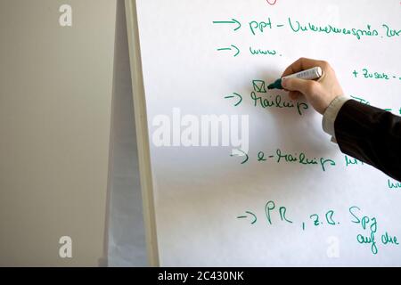 Hand writes on a flipchart Stock Photo