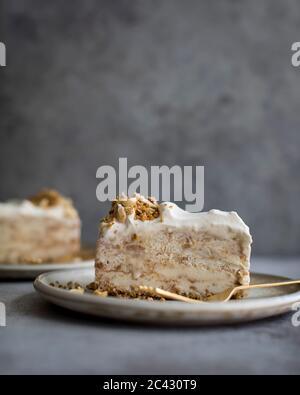 Vanilla streusel ice cream cake on a plate. Stock Photo
