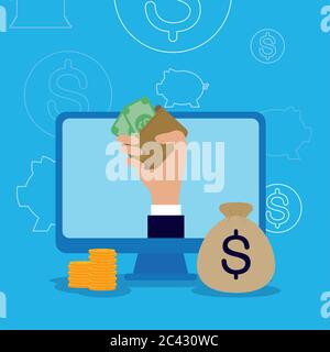 computer and hand holding wallet with bills of Online payments money and ecommerce theme Vector illustration Stock Vector