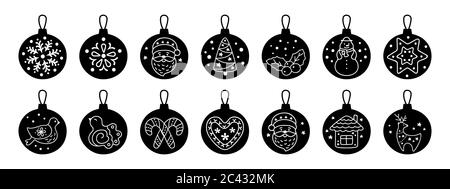 Christmas ball flat silhouette cartoon set. Black glyph round balls. Sign New year, icons collection bird, holly, house, deer and candy, snowflakes, sock, Christmas tree. Isolated vector illustration Stock Vector