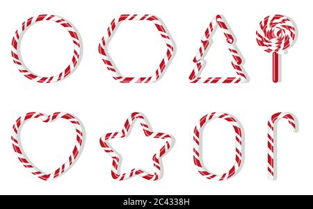 Christmas candies with different shape spiral pattern set. Red and white treat holiday winter. Sweet sugar cartoon noel candy cane, round, fir tree, star, heart, lollipops Isolated vector illustration Stock Vector