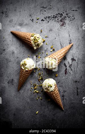 Pistachio Ice Cream In Waffle Cones Stock Photo