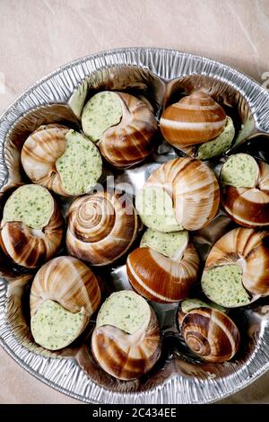 Frozen Uncooked Escargots de Bourgogne - Snails with herbs butter, gourmet dish, in store aluminum packaging over pink marble background. Flat lay, sp Stock Photo