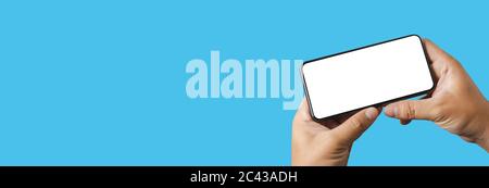 man using  Mock up a Cell Phone With Blank Screen space banner Stock Photo