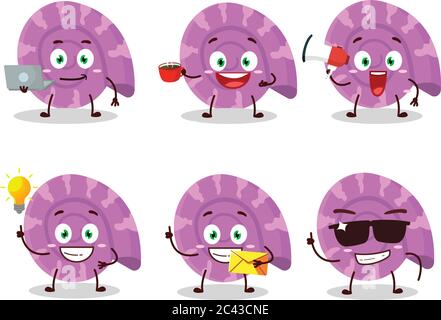 Purple clam cartoon character with various types of business emoticons Stock Vector