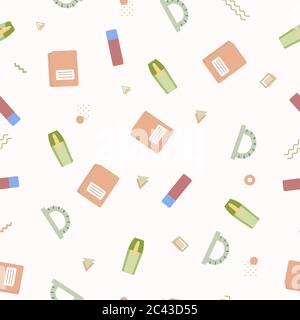 Seamless pattern with various school supplies on a white background. Vector illustration in flat style. Stock Vector