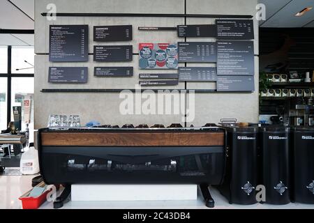 Interior design and bar decoration at 'KALDI'S COFFEE' local pastry shop and beverage bistro located in Saint Louis downtown- MO, USA Stock Photo