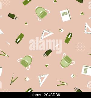 Seamless pattern with various school supplies on a beige background. Vector illustration in flat style. Stock Vector