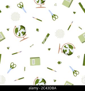 Seamless pattern with various school supplies on a white background. Vector illustration in flat style. Stock Vector