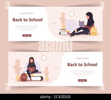 Welcome back to school. Arab girls reading book. Smart students. Women cartoon character. Modern vector illustration in flat style. Web banner for Stock Vector