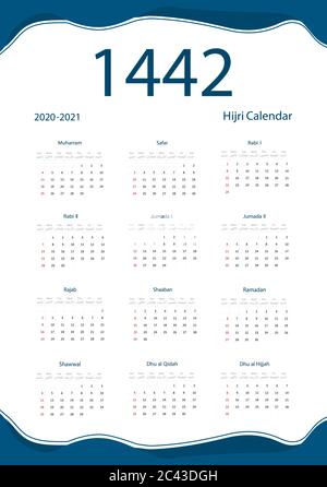 Hijri islamic calendar 1442. Vector celebration template with week starting on sunday on simple background. Flat minimal desk and wall picture design. Stock Vector