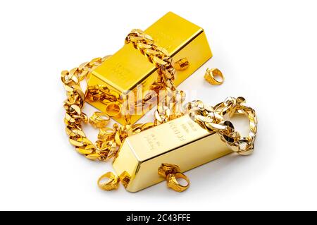 Jewelry buyer, pawn shop and buy and sell precious metals concept theme with a pile of golden rings, necklace bracelet and gold bullion isolated on wh Stock Photo