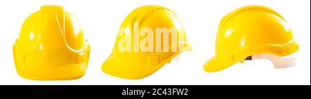 Industrial workers or construction site safety equipment concept with a multiple angle image of a yellow hard hat isolated on white background with a Stock Photo